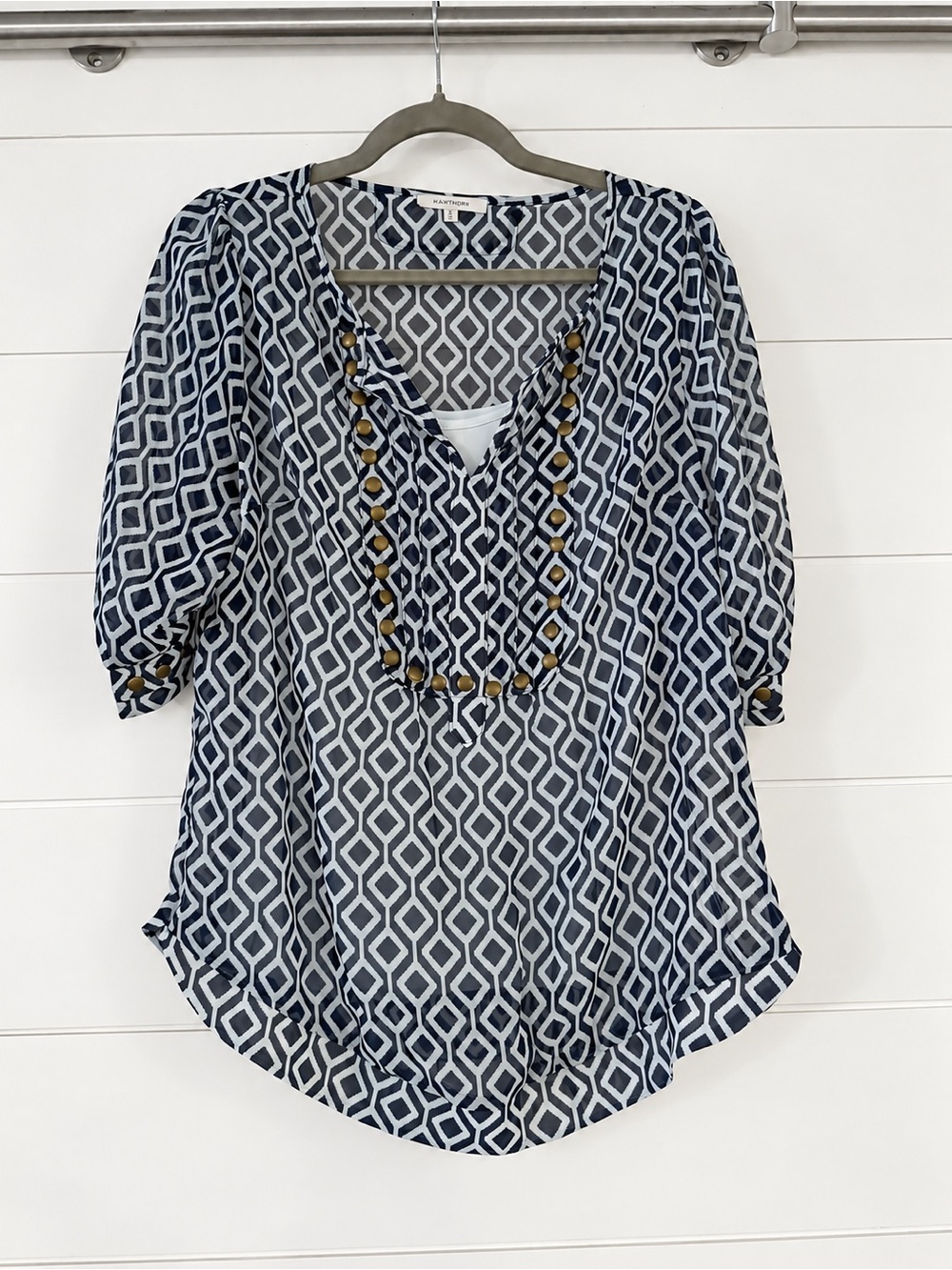 41 Hawthorn Navy and White Geometric Tunic with Beaded Neckline, size M